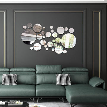 34PCS round Silver Acrylic Mirror Wall Stickers,Removable DIY Self-Adhesive Mirror Decals for Home Decorations