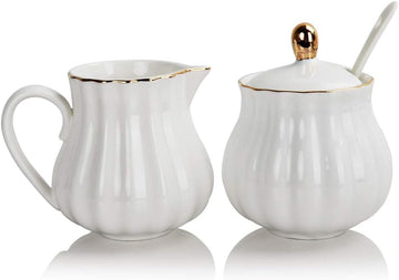 Royal Ceramic Sugar and Creamer Set, 3 Piece Set with Cream Pitcher, Sugar Bowl, Sugar Set with Lid & Spoon, Coffee Serving Set Wedding Gift(White)