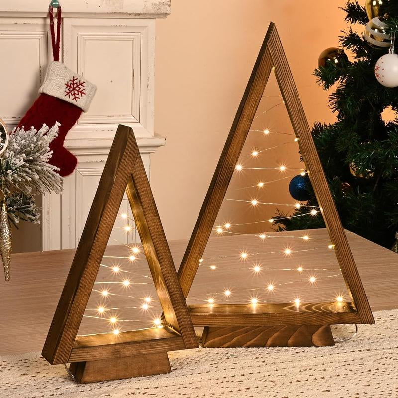 Modern Farmhouse Wooden Christmas Tree Set of 2 with Lights 14.3In & 10.2In for Tabletop Mantel & Shelf Bedroom Decor Perfect Gift