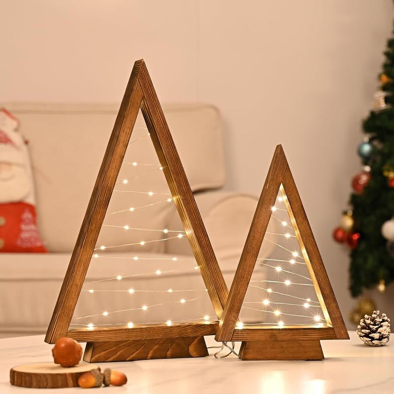 Modern Farmhouse Wooden Christmas Tree Set of 2 with Lights 14.3In & 10.2In for Tabletop Mantel & Shelf Bedroom Decor Perfect Gift