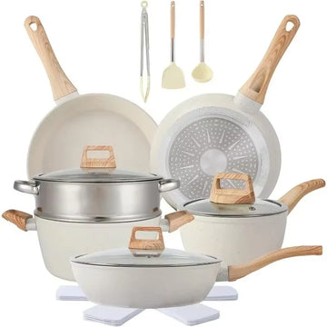 HOME Tool 16PCS Pots and Pans Set Non Stick Cookware Set Nonstick with Cooking Set (White, 16Pieces) Free Delivery