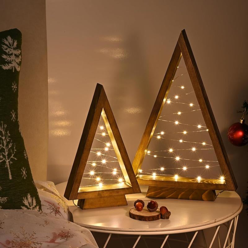 Modern Farmhouse Wooden Christmas Tree Set of 2 with Lights 14.3In & 10.2In for Tabletop Mantel & Shelf Bedroom Decor Perfect Gift