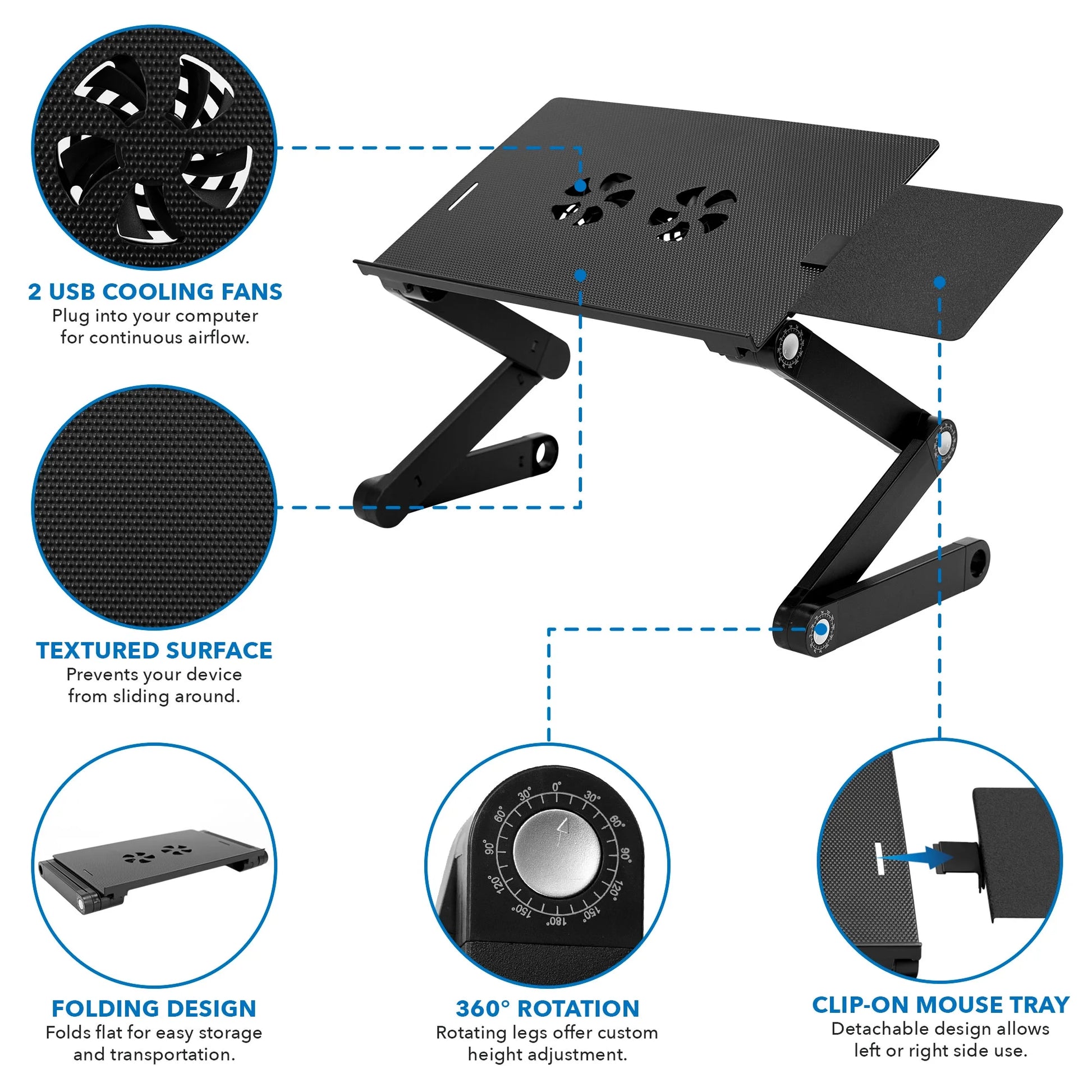 Adjustable Laptop Stand with Built-In Cooling Fans and Mouse Pad Tray | Portable and Lightweight