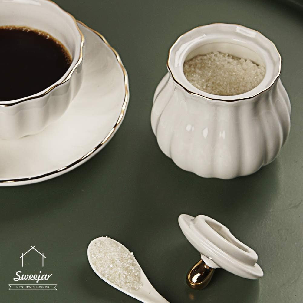 Royal Ceramic Sugar and Creamer Set, 3 Piece Set with Cream Pitcher, Sugar Bowl, Sugar Set with Lid & Spoon, Coffee Serving Set Wedding Gift(White)