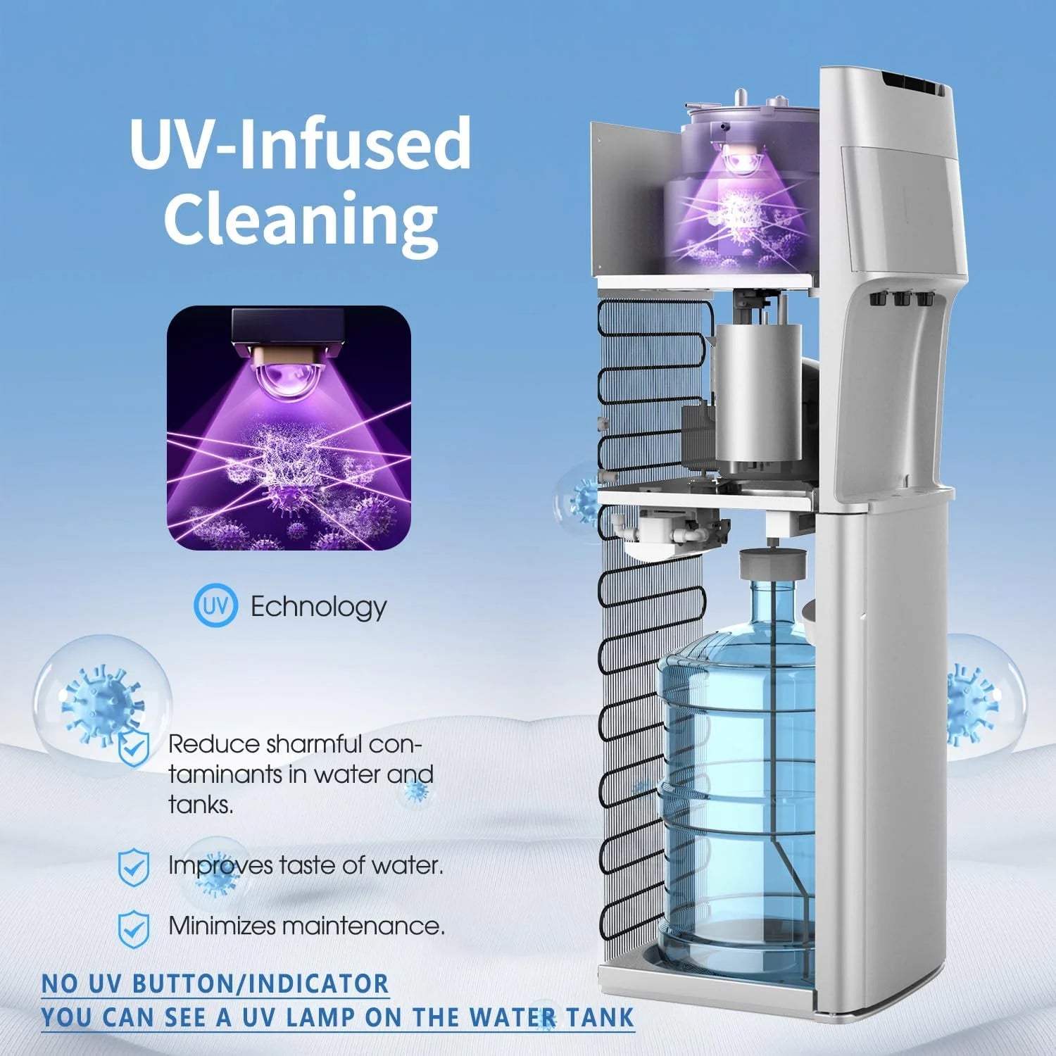 UV Self-Cleaning Water Cooler Dispenser for 3-5 Gallon Bottle Bottom Loading with 3 Temperature Settings Silver