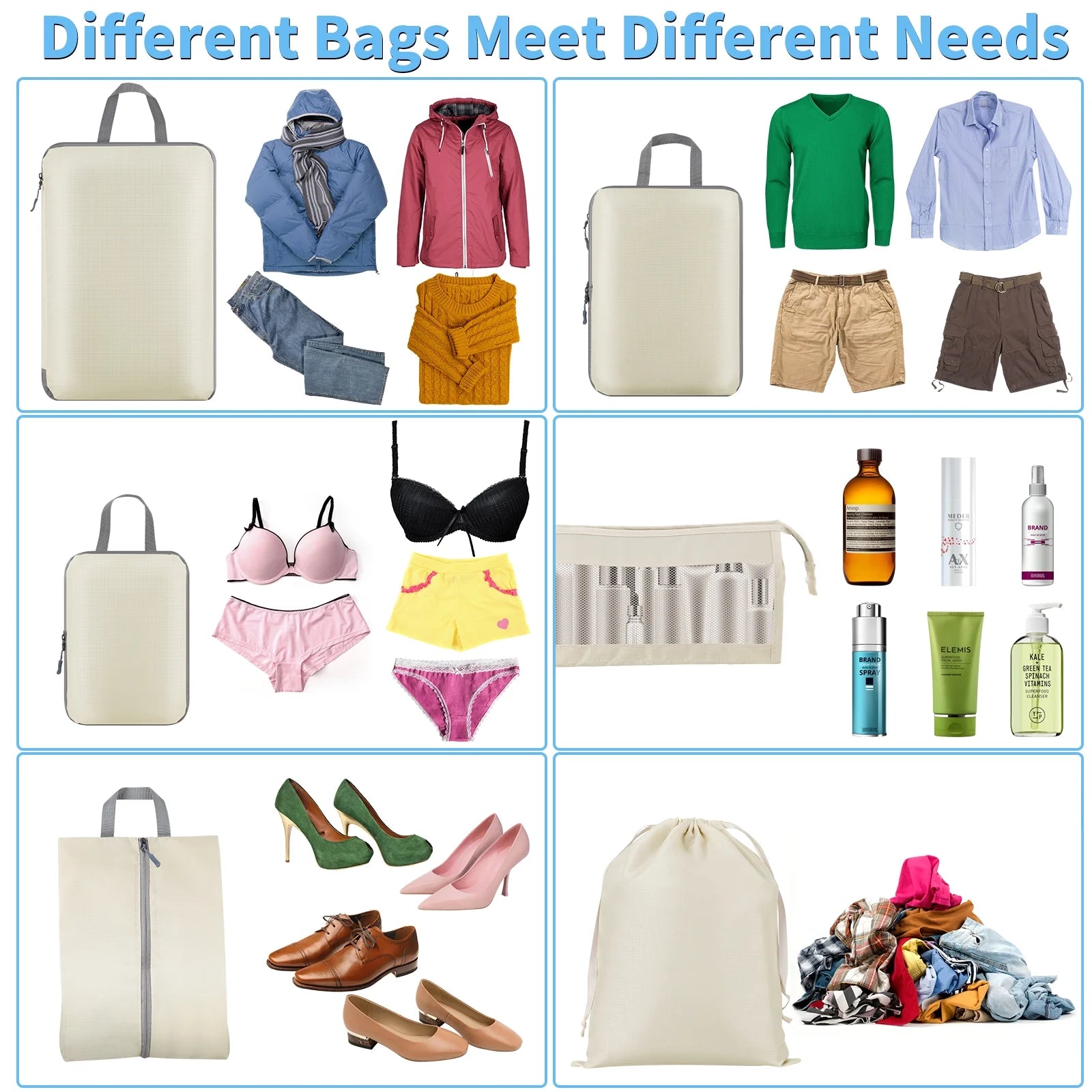 6 Set Compression Packing Cubes for Suitcase Expandable Pack Cube for Luggage Organizers with Laundry Bag and Shoe Bags Beige