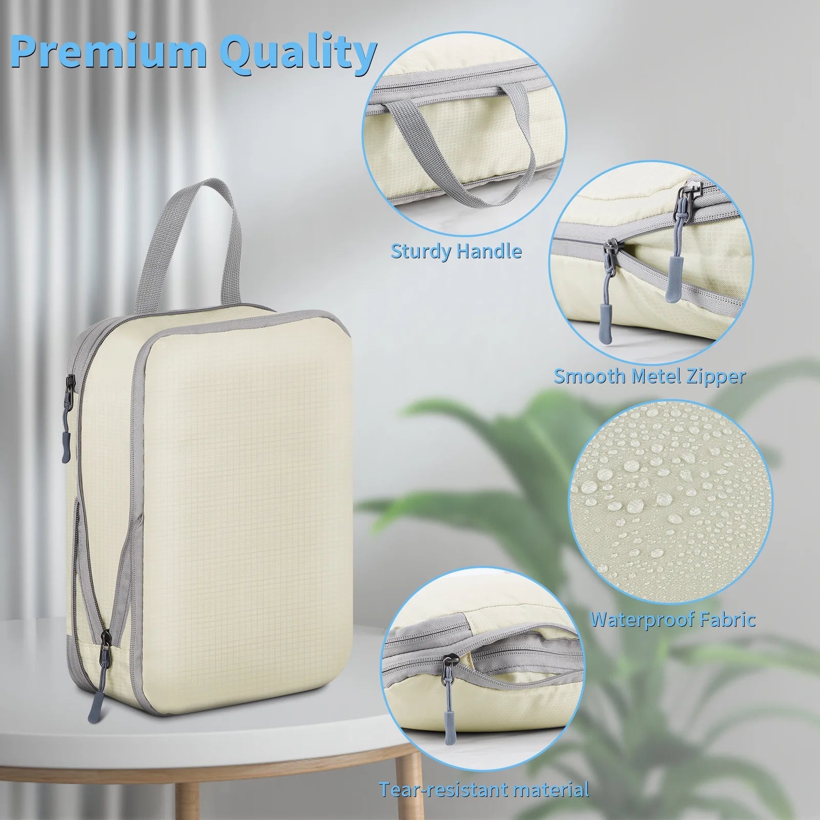 6 Set Compression Packing Cubes for Suitcase Expandable Pack Cube for Luggage Organizers with Laundry Bag and Shoe Bags Beige