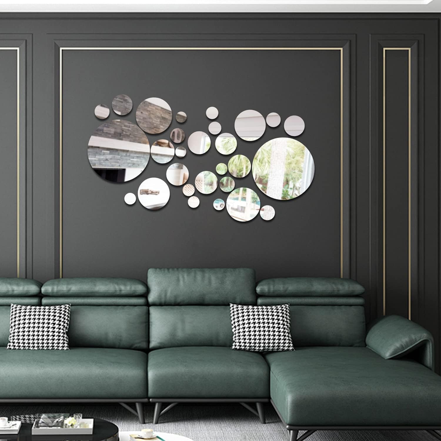 34PCS round Silver Acrylic Mirror Wall Stickers,Removable DIY Self-Adhesive Mirror Decals for Home Decorations