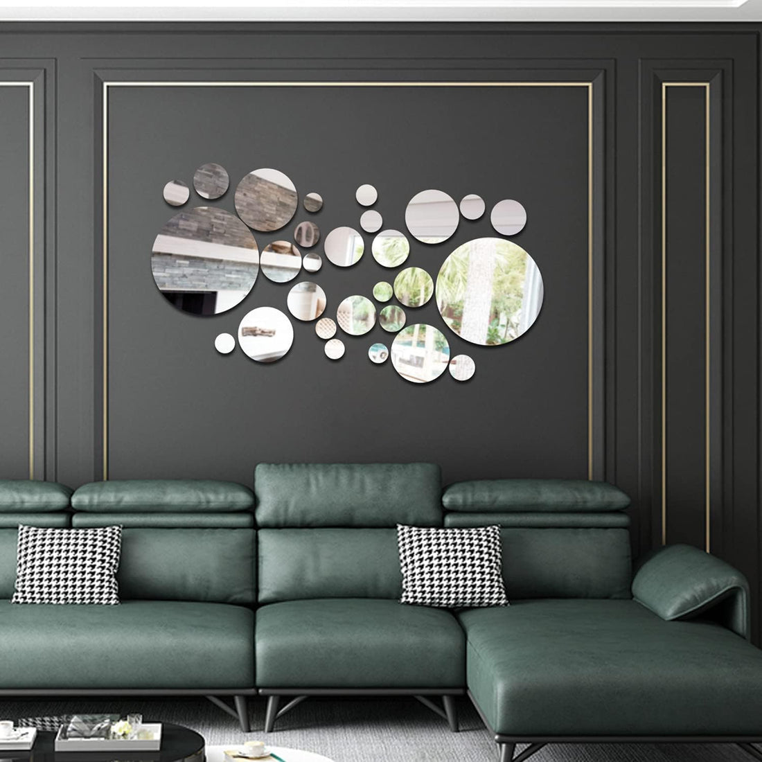 34PCS round Silver Acrylic Mirror Wall Stickers,Removable DIY Self-Adhesive Mirror Decals for Home Decorations