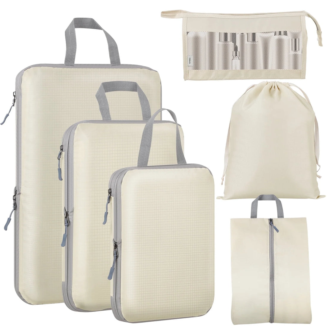 6 Set Compression Packing Cubes for Suitcase Expandable Pack Cube for Luggage Organizers with Laundry Bag and Shoe Bags Beige