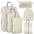 6 Set Compression Packing Cubes for Suitcase Expandable Pack Cube for Luggage Organizers with Laundry Bag and Shoe Bags Beige