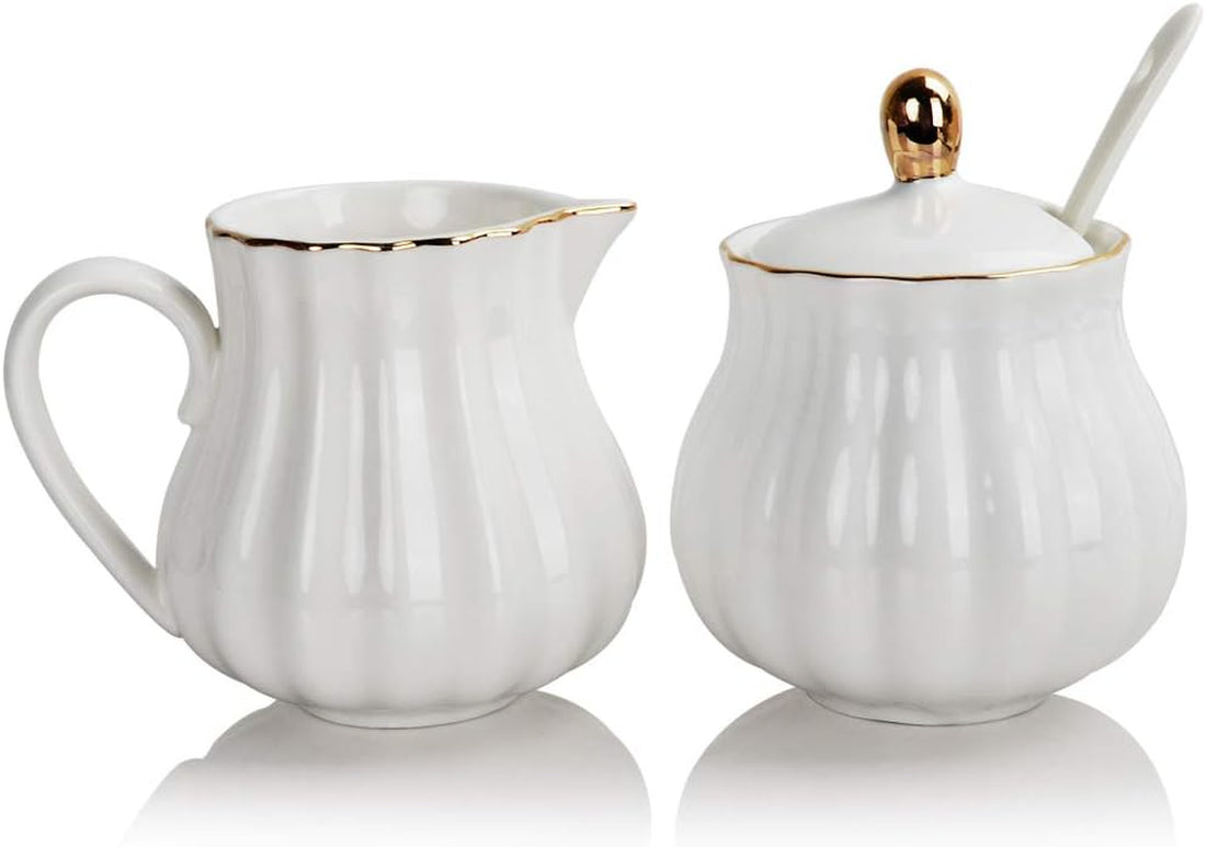 Royal Ceramic Sugar and Creamer Set, 3 Piece Set with Cream Pitcher, Sugar Bowl, Sugar Set with Lid & Spoon, Coffee Serving Set Wedding Gift(White)