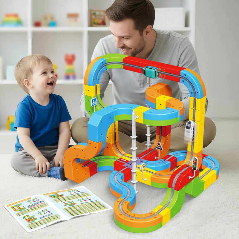 Electric Train Set Flexible Race Track Toys, Building Toy Train Track Gravity-Defying 3D Embedded Layouts & Motorized Car, STEM Learning Gift
