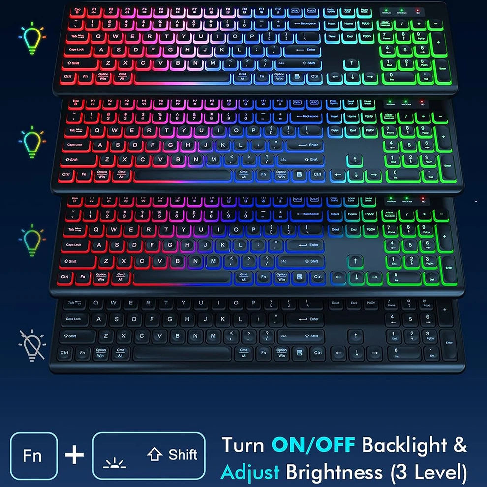 Wireless Keyboard and Mouse Combo RGB Backlit, Rechargeable Light up Letters, Full-Size, Ergonomic, Sleep Mode, 2.4Ghz