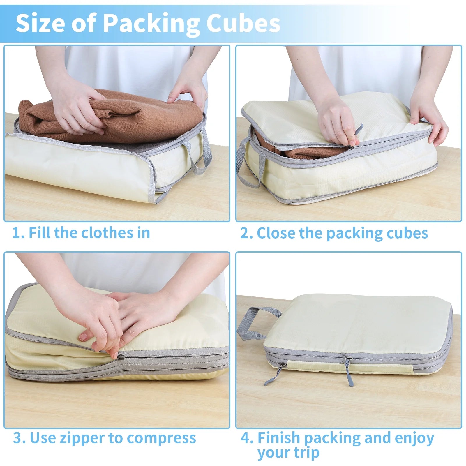 6 Set Compression Packing Cubes for Suitcase Expandable Pack Cube for Luggage Organizers with Laundry Bag and Shoe Bags Beige