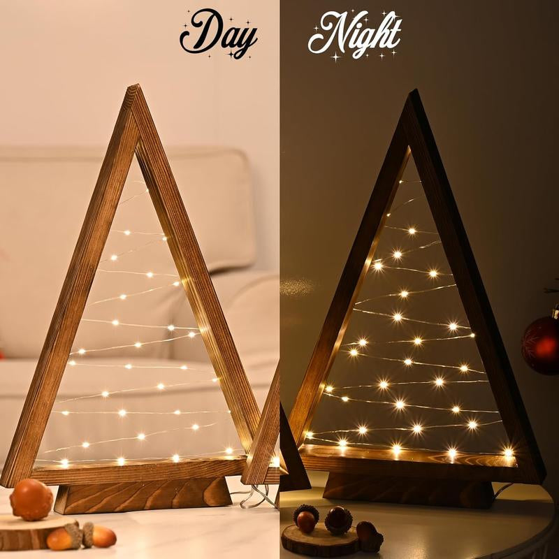 Modern Farmhouse Wooden Christmas Tree Set of 2 with Lights 14.3In & 10.2In for Tabletop Mantel & Shelf Bedroom Decor Perfect Gift