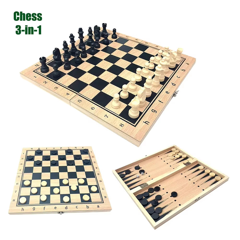 3 in 1 Chess Backgammon Checkers Set Wooden Portable Chess Board Entertainment Puzzle Game Toys for Children Adult Beginner