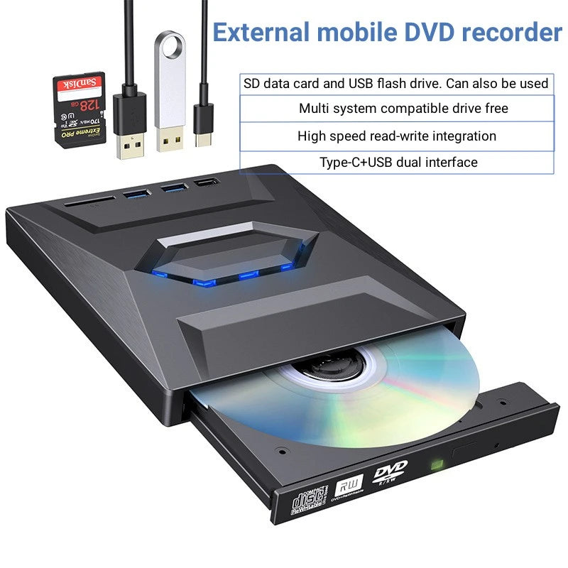 4In2 USB3.0 Type C External CD DVD RW VCD Optical Drive with SD Card Reader DVD Burner CD Writer Super Drive for Laptop Notebook