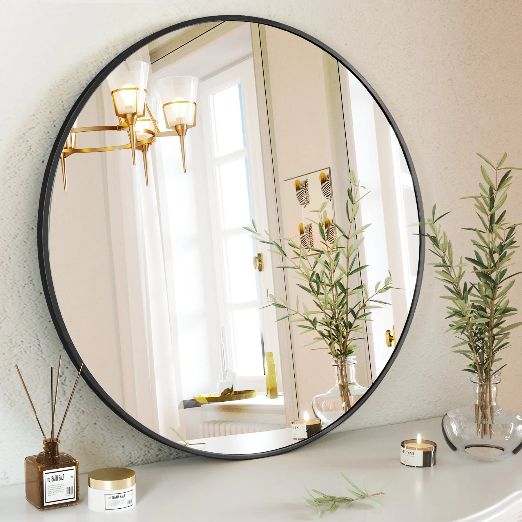 24" Wall Mirror Bathroom Mirror Wall Mounted round Mirror, Black