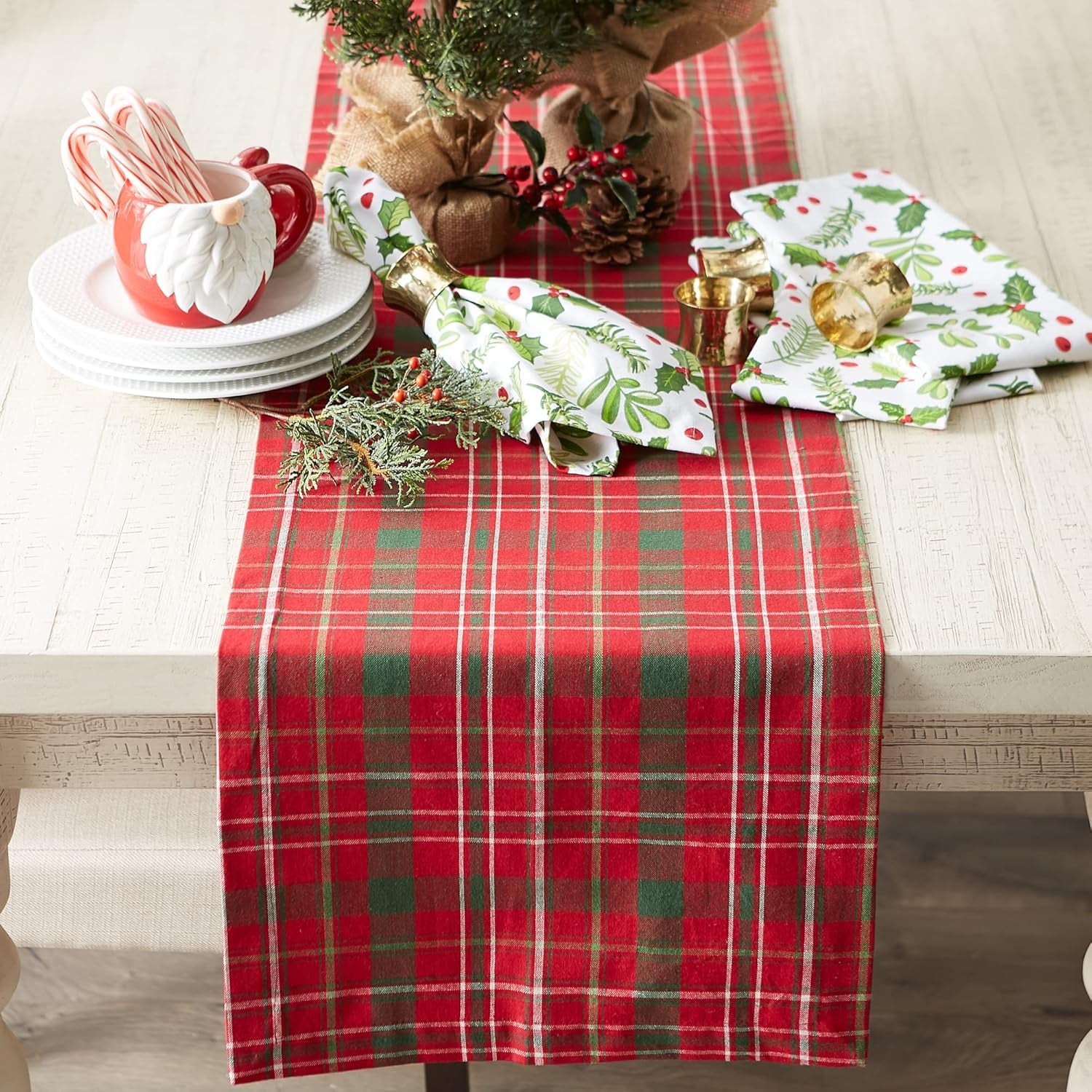 Holiday Dining Table Linen Collection Tartan Holly Plaid, Christmas Table Runner, 14X108, Red & Green