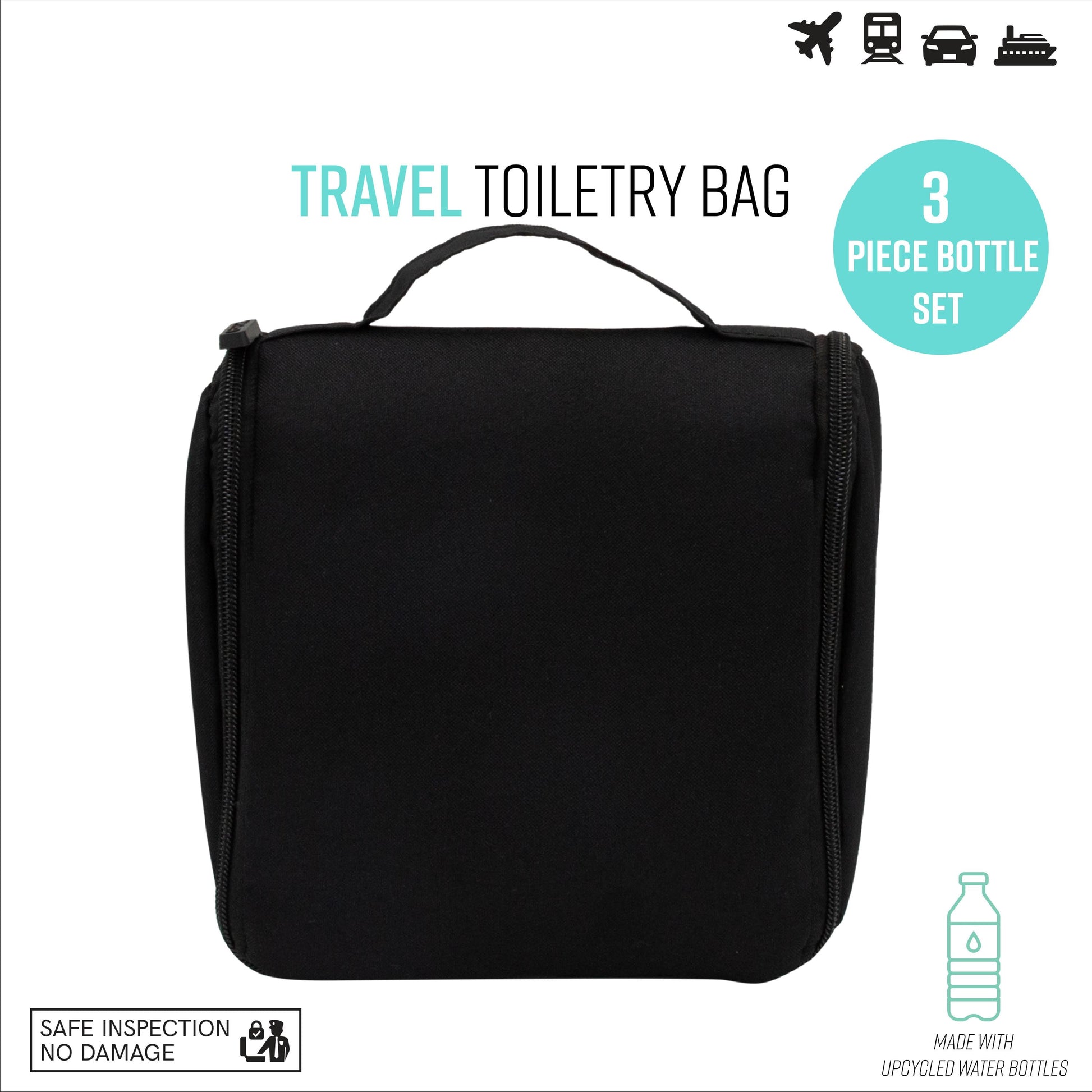 RPET Hanging Toiletry Bag Set with 3 Piece Clear Refillable Travel Bottles, Black