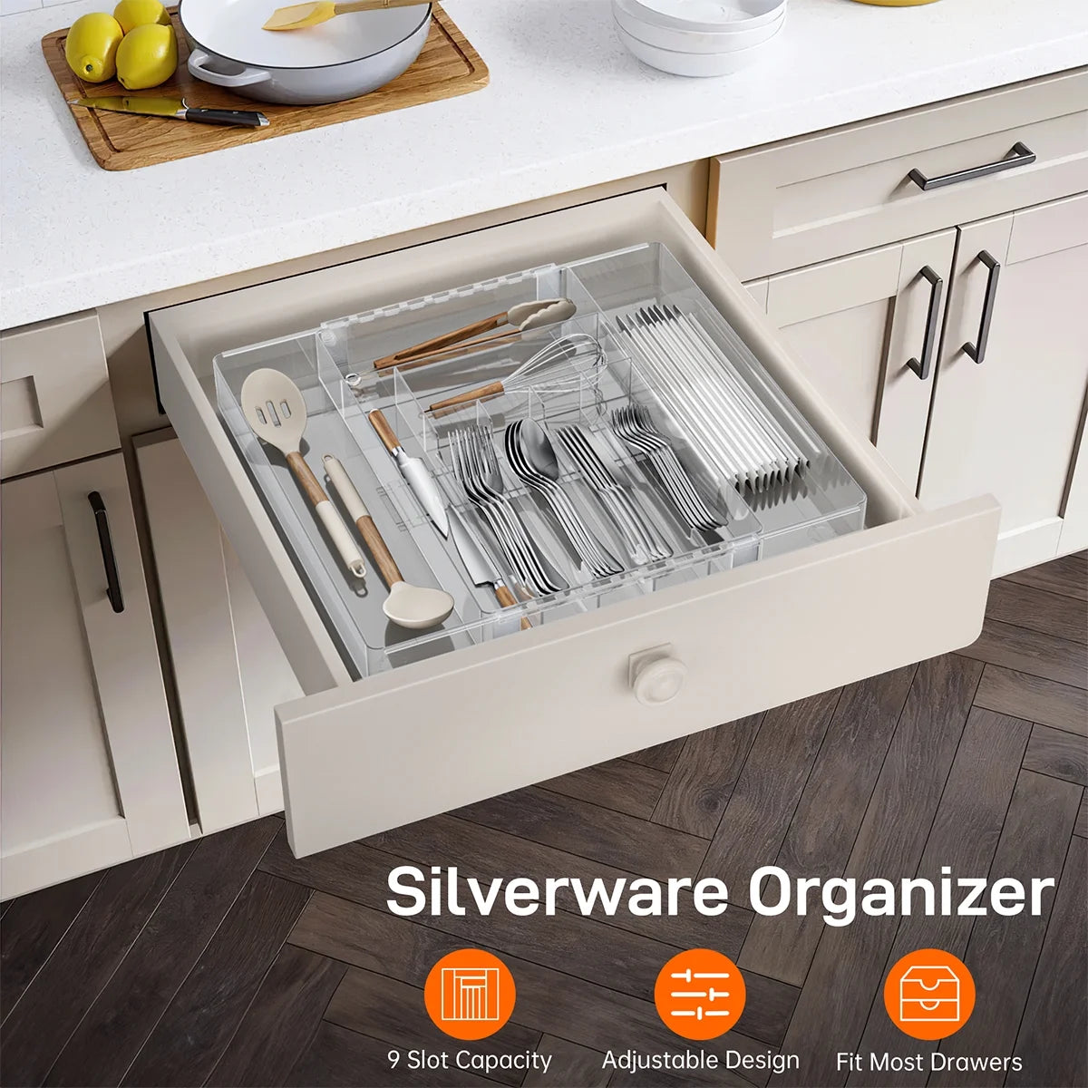 Silverware Drawer Organizer, Expandable Clear Acrylic Silverware Organizer, Kitchen Drawer Organizer for Utensils, Adjustable Cutlery Tray, Office, Supplies-9 Compartments, Large, Clear