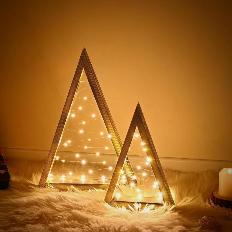 Modern Farmhouse Wooden Christmas Tree Set of 2 with Lights 14.3In & 10.2In for Tabletop Mantel & Shelf Bedroom Decor Perfect Gift