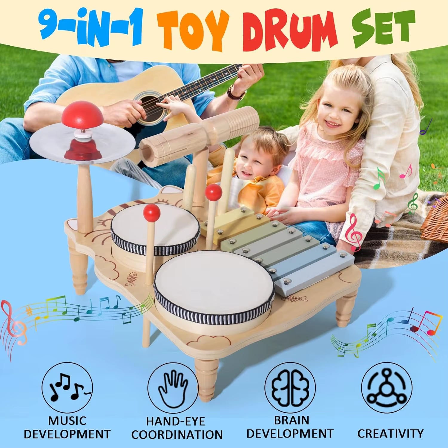Wooden Xylophone Drum Set for Toddlers,Montessori Baby Musical Instruments Toys, Drum Set Percussion Instruments Musical Toys