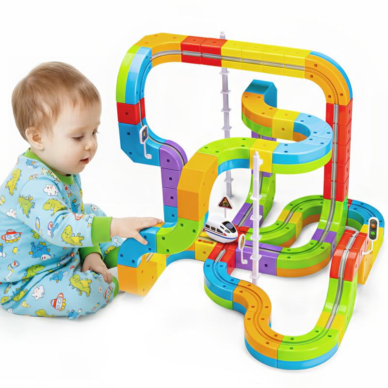 Electric Train Set Flexible Race Track Toys, Building Toy Train Track Gravity-Defying 3D Embedded Layouts & Motorized Car, STEM Learning Gift