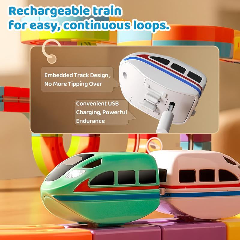 Electric Train Set Flexible Race Track Toys, Building Toy Train Track Gravity-Defying 3D Embedded Layouts & Motorized Car, STEM Learning Gift