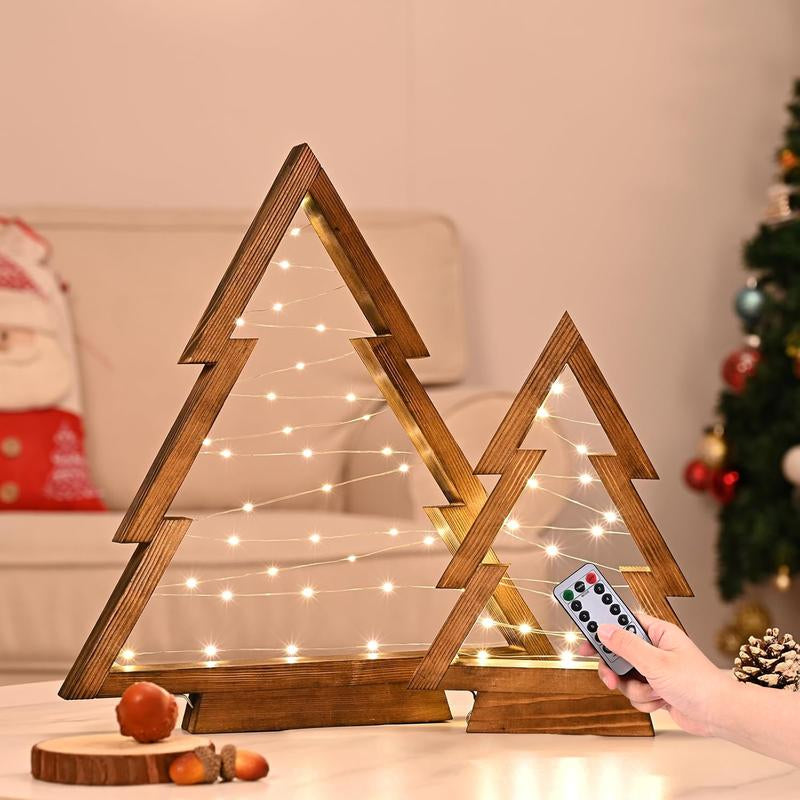 Modern Farmhouse Wooden Christmas Tree Set of 2 with Lights 14.3In & 10.2In for Tabletop Mantel & Shelf Bedroom Decor Perfect Gift