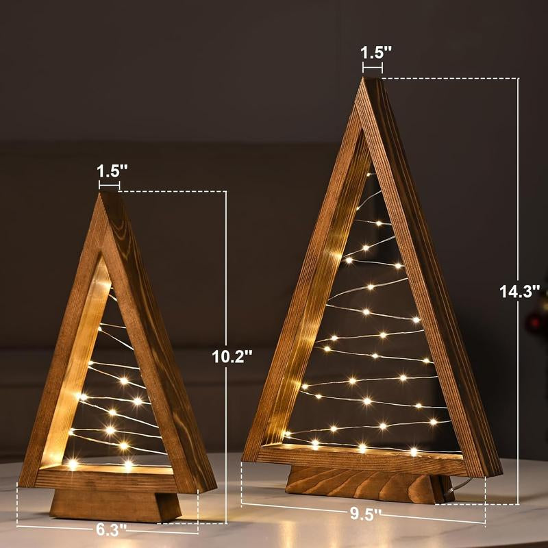 Modern Farmhouse Wooden Christmas Tree Set of 2 with Lights 14.3In & 10.2In for Tabletop Mantel & Shelf Bedroom Decor Perfect Gift