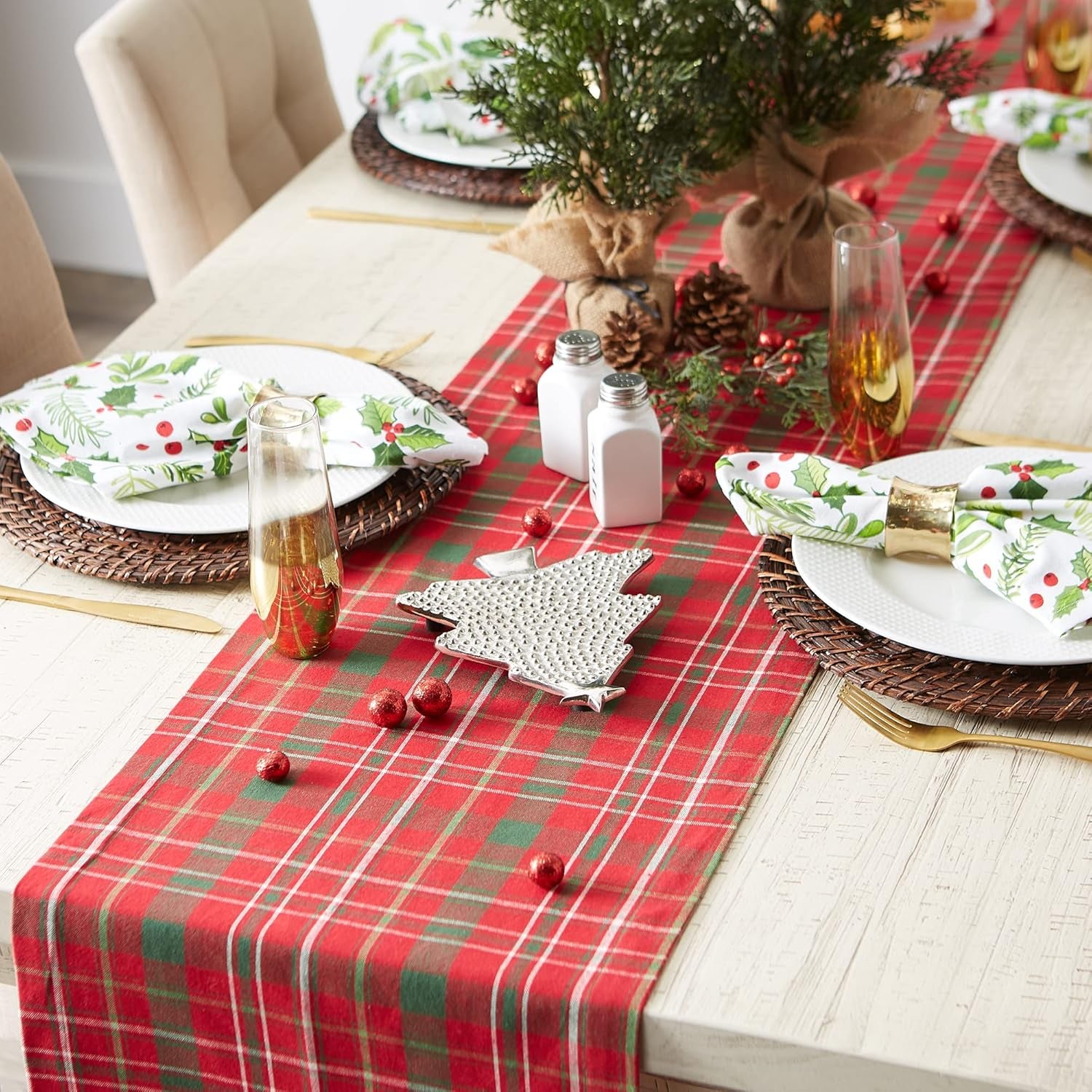Holiday Dining Table Linen Collection Tartan Holly Plaid, Christmas Table Runner, 14X108, Red & Green