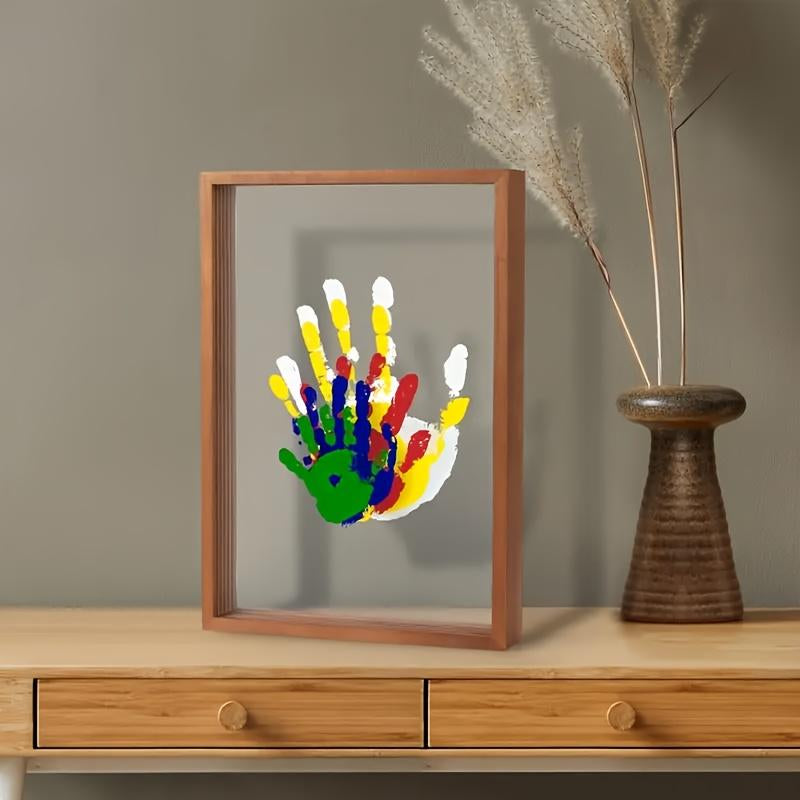 [Wooden Handprint Frame] 1 Wooden Family Handprint Photo Frame | Includes Colored Paint, Transparent Handprint Frame, Can Print 4 Handprints, Commemorative Ornaments