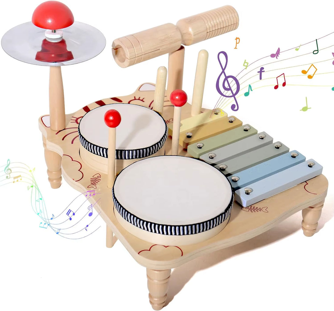 Wooden Xylophone Drum Set for Toddlers,Montessori Baby Musical Instruments Toys, Drum Set Percussion Instruments Musical Toys