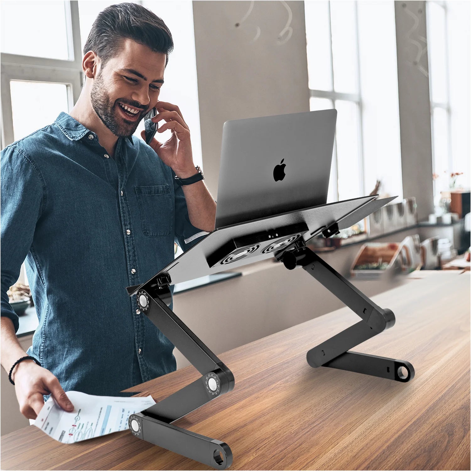 Adjustable Laptop Stand with Built-In Cooling Fans and Mouse Pad Tray | Portable and Lightweight