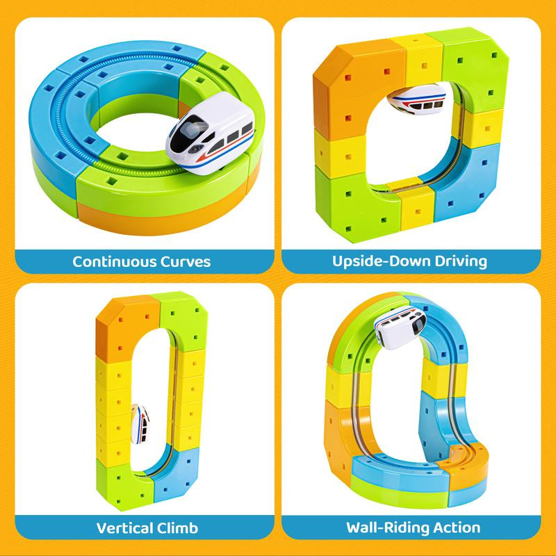 Electric Train Set Flexible Race Track Toys, Building Toy Train Track Gravity-Defying 3D Embedded Layouts & Motorized Car, STEM Learning Gift