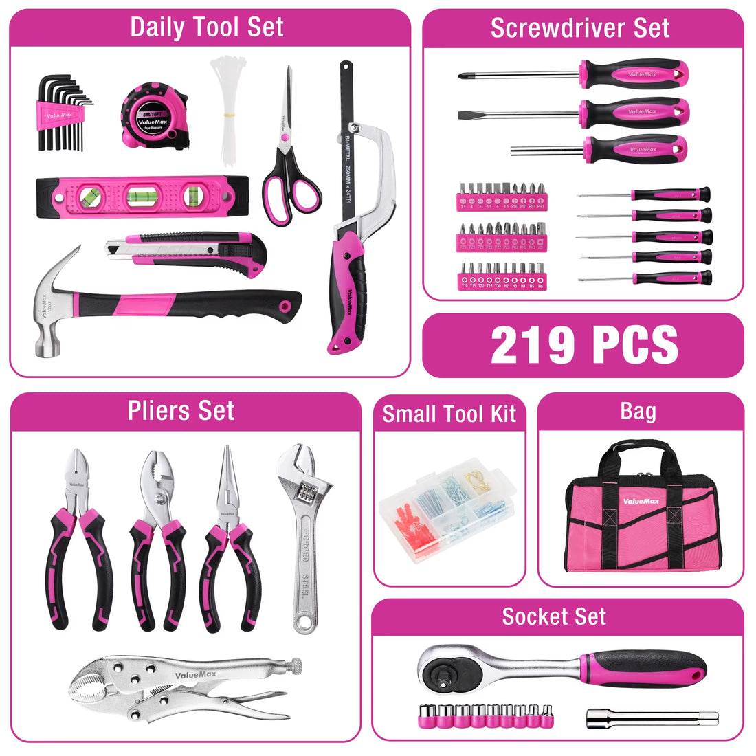Valuemax Home Tool Set, 218-Piece Basic Household Repairing Tool Kit with 13-Inch Large Opening Tool Bag, Orange General Hand To