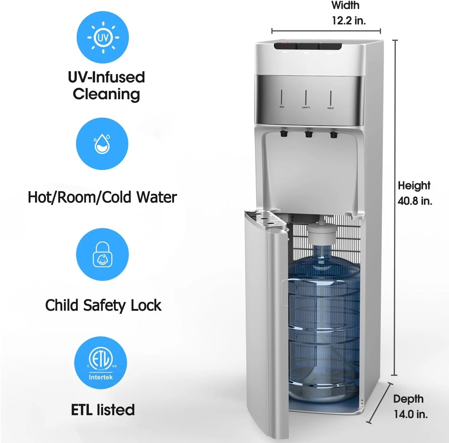 UV Self-Cleaning Water Cooler Dispenser for 3-5 Gallon Bottle Bottom Loading with 3 Temperature Settings Silver