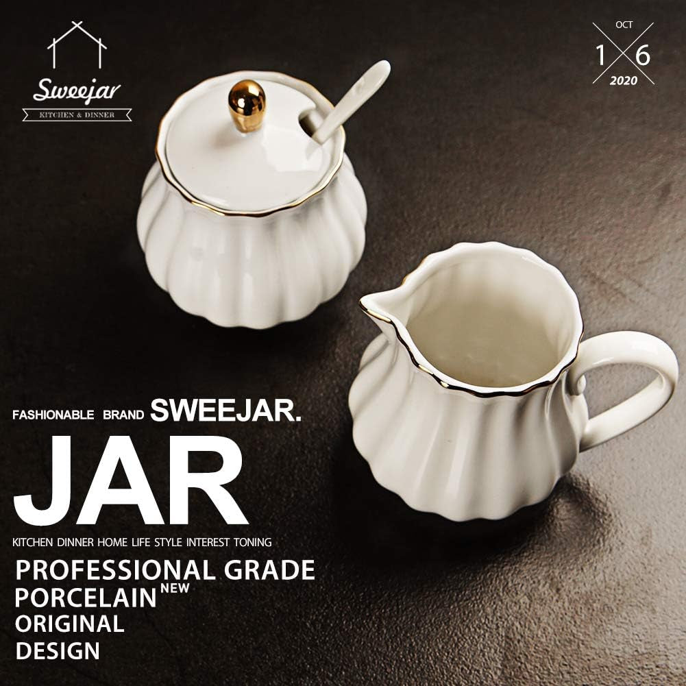 Royal Ceramic Sugar and Creamer Set, 3 Piece Set with Cream Pitcher, Sugar Bowl, Sugar Set with Lid & Spoon, Coffee Serving Set Wedding Gift(White)