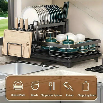 Double-Tier Extendable Dish Drainer & Utensil Rack