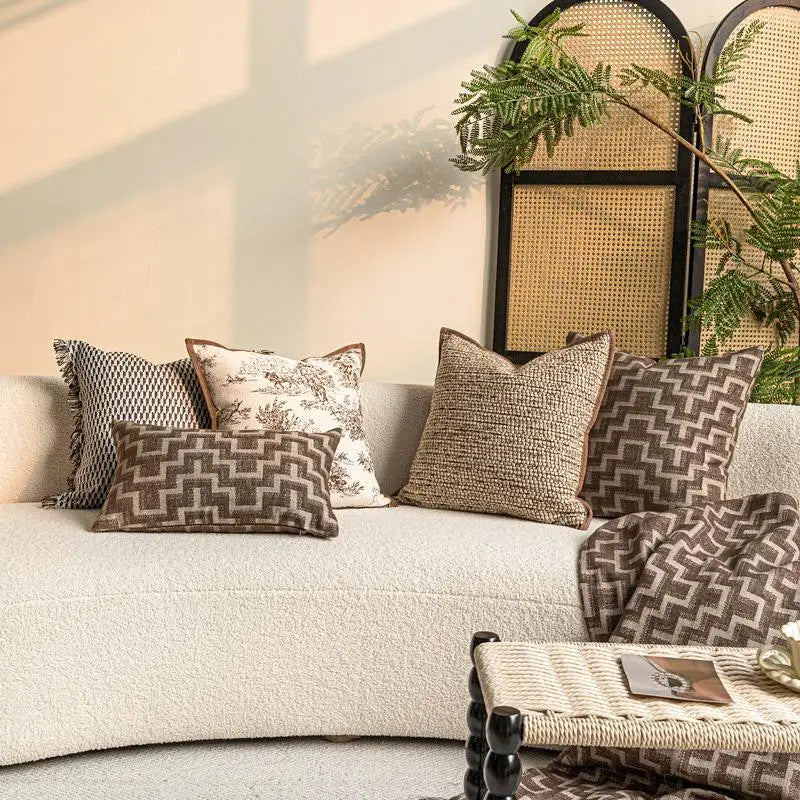 Retro Brown Geometric Jacquard Cushion Cover for Pillow
