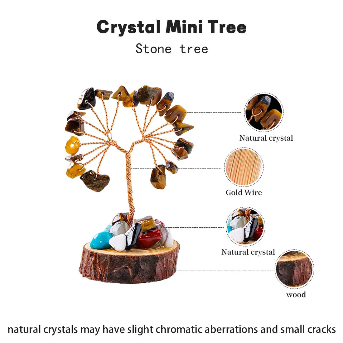 Natural Gemstone Crystal Lucky Tree with Wood Base