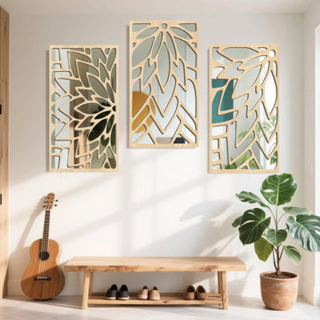 3Pcs 16in Hollow Leaf Wall Mirror Set | Wooden Acrylic Double Layer