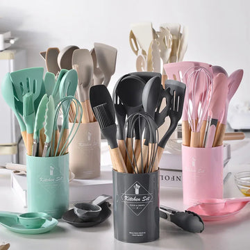 12PCS Mint Silicone Kitchen Utensils Set (Wood Handles)