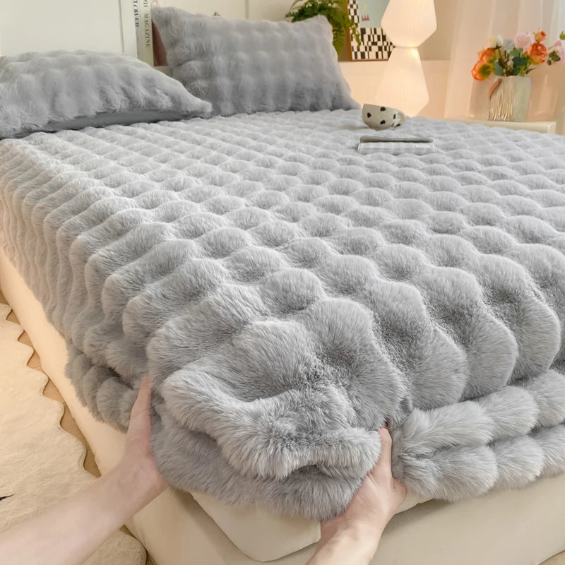 Winter Rabbit Fleece Fitted Bed Sheet | Warm Thick Elastic Sheet