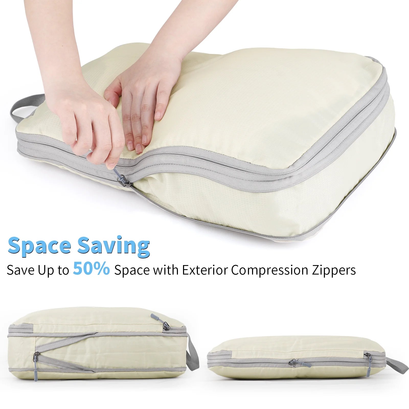 6 Set Compression Packing Cubes for Suitcase Expandable Pack Cube for Luggage Organizers with Laundry Bag and Shoe Bags Beige