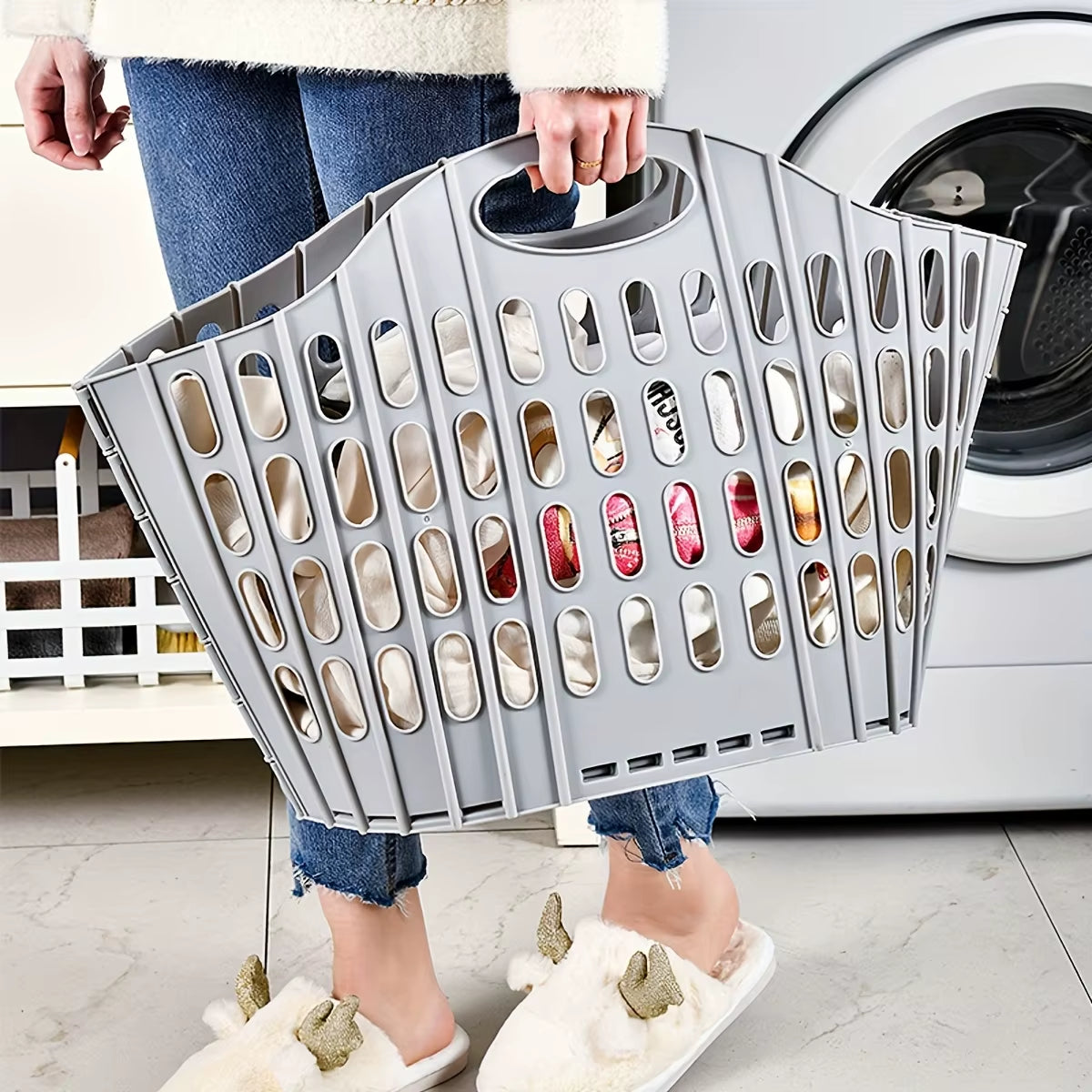 Bohemian Style Foldable Laundry Basket with Handle - Durable Plastic Rectangular Design, Breathable and Lightweight