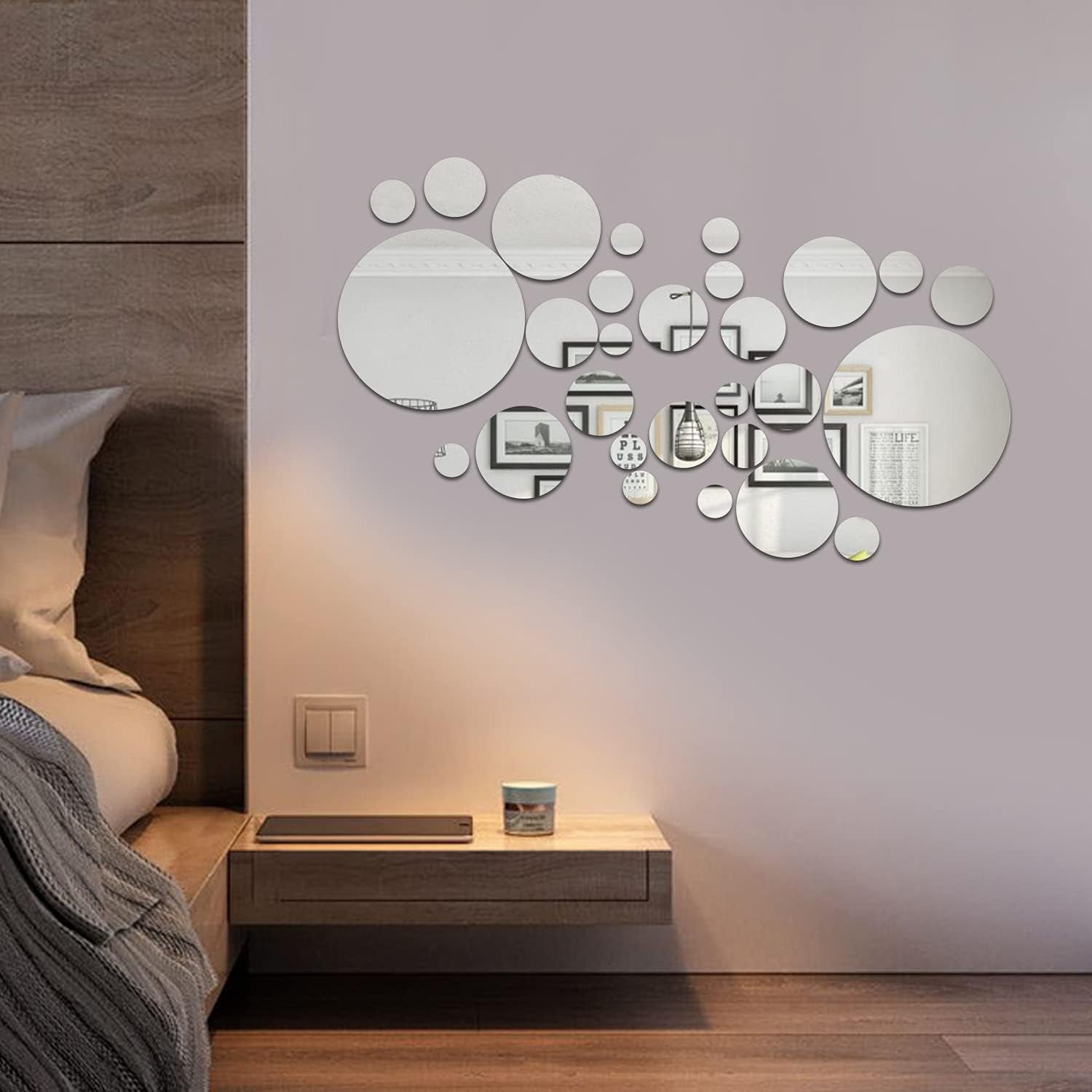 34PCS round Silver Acrylic Mirror Wall Stickers,Removable DIY Self-Adhesive Mirror Decals for Home Decorations