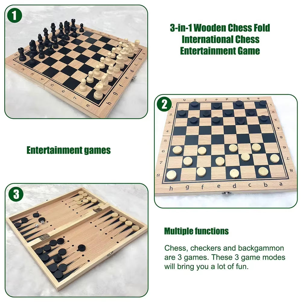 3 in 1 Chess Backgammon Checkers Set Wooden Portable Chess Board Entertainment Puzzle Game Toys for Children Adult Beginner
